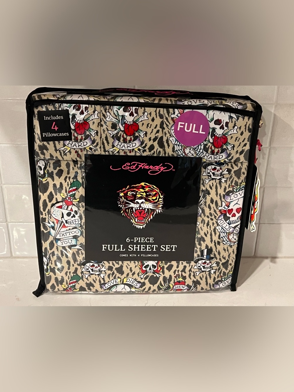 ED HARDY FULL Sheet Set 6pc New Skulls Dagger Leopard Cheetah Tattoo Grunge Y2K